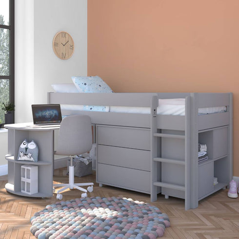 Uno Grey Midsleeper With Pull Out Desk And 3 Drawer Chest And Cube Unit